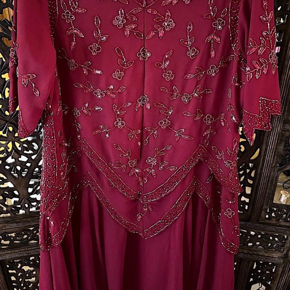 ROAMAN’S RUBY RED MAROON BURGUNDY BEADED SEQUINS LAYERED EVENING DRESS - Picture 7 of 7